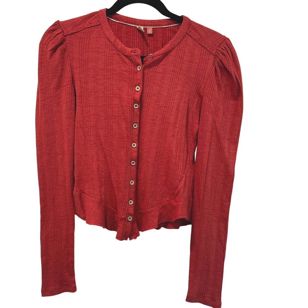 Pilcro Button-Down Top‎ Puff Sleeve Ribbed Knit Blouse Red XXS